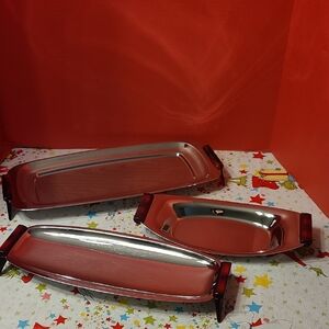 💣Set of Three Glo-Hill Gourmates Chrome Tray with Cherry Red Bakelite Feet